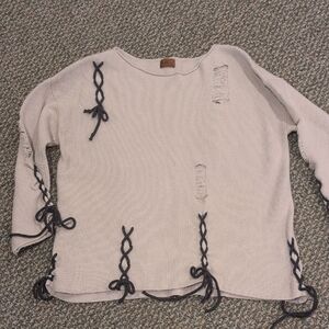 POL Size S Oversized Distressed Sweater. Cream With Dark Gray Lacing.
